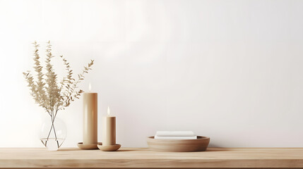 Traditional interior wall mockup with green twigs in vase and candle standing on light brown wooden table on empty white background.