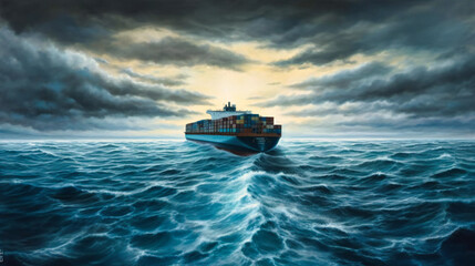 Naklejka premium Container ship moving towards the horizon in cloudy ocean