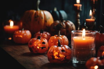 Halloween pumpkins on wooden table decoration

