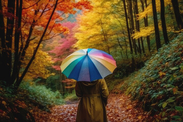 Woman with colorful umbrella walking trough autumn forest, back view