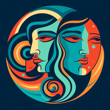 Two women's faces geminis flat design vector illustration Generative Ai