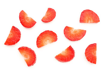 Slices of fresh strawberries on white background