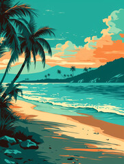 Obraz na płótnie Canvas A tropical beach with palm trees flat design vector illustration Generative Ai