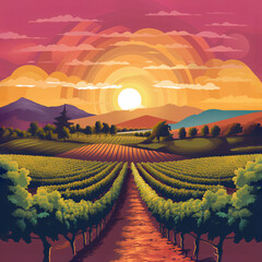 A sunset over a vineyard flat design vector illustration Generative Ai - obrazy, fototapety, plakaty