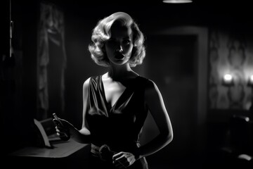 Fototapeta na wymiar A film noir-inspired image of a woman in a elegant dress, holding a smoking gun and standing in a dimly-lit room. The image be black and white with high contrast. Generative AI