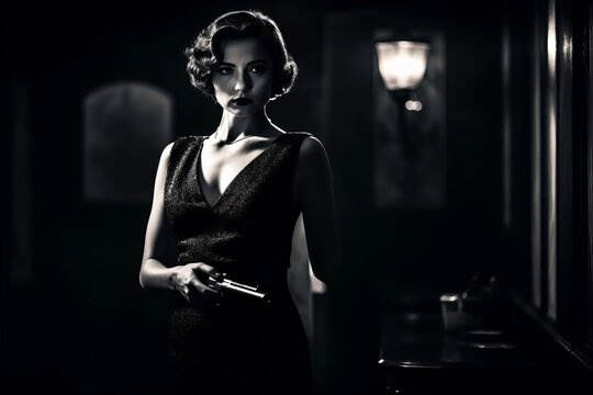 A film noir-inspired image of a woman in a elegant dress, holding a smoking gun and standing in a dimly-lit room. The image be black and white with high contrast. Generative AI