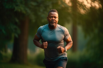 Middle aged african american man running at dusk in the park, Generative AI