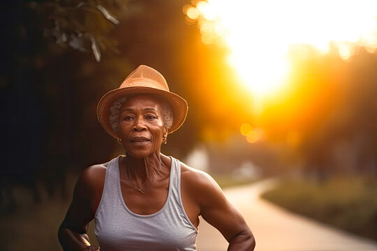 Older African American Woman Running At Dusk In The Park, Generative AI