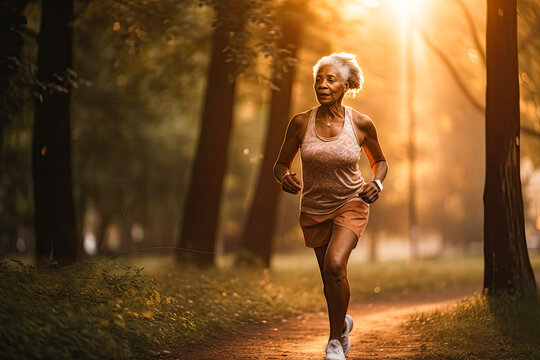 Older african american woman running at dusk in the park, Generative AI