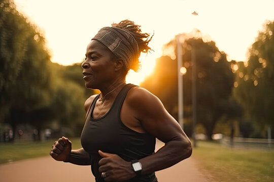 Older african american woman running at dusk in the park, Generative AI