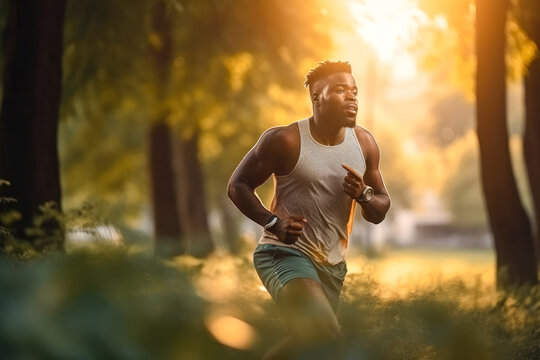 Young african american man running at dusk in the park, Generative AI