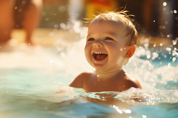 Fototapeta na wymiar Happy baby playing in swimming pool during summer vacation. Generative Ai