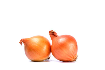 Red onions isolated on a white background. View from above