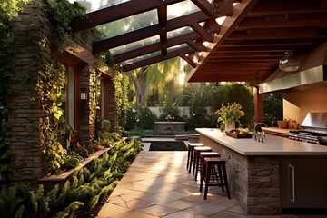 magnificent outdoor kitchen in a luxurious villa with pool, generative ai