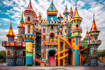 Impressive colorful playground with castle and slide, generative ai - obrazy, fototapety, plakaty