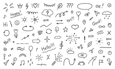 Hand drawn set of abstract doodle elements. Decorative illustrations in sketch style. Arrows, heart, stars, flowers, hearts, signs and symbols. Vector illustration isolated on white background