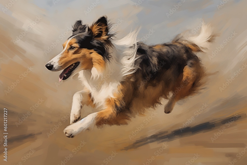 Poster a picture of a dog running on the sand as an example generative ai
