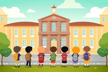Obraz na płótnie Canvas School kids in front of a school building, cartoon style drawing. Generative AI