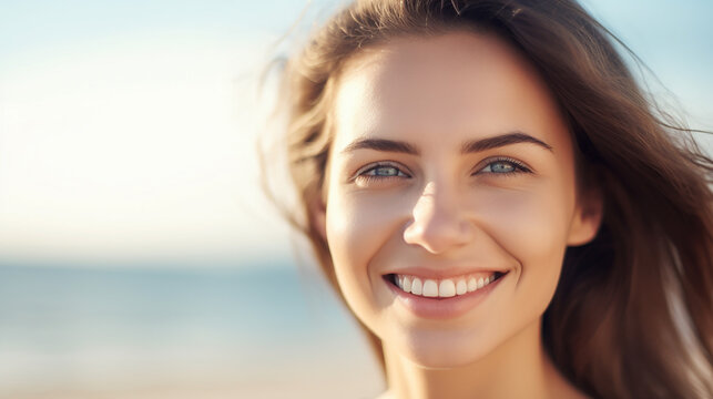 Pretty young smiling woman on a beach, copy space, banner. Generative AI