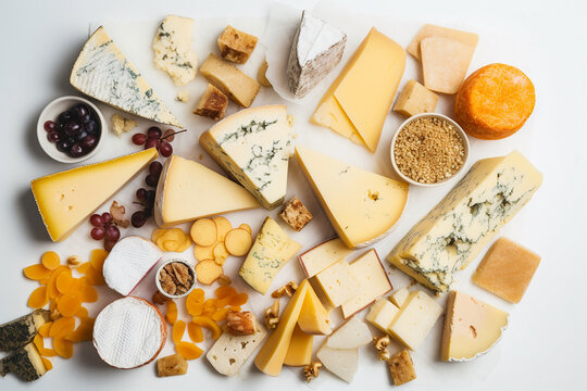 Different Types Of Cheese On The White Table, Overhead. Generative AI