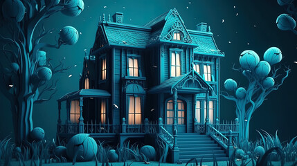 Fantasy house at night in Halloween time. Generative Ai,