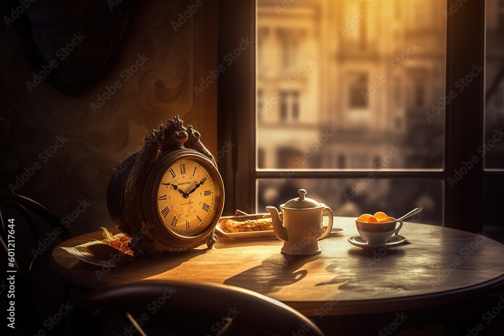 Poster a table with a wooden top and a clock perched on top of it generative ai