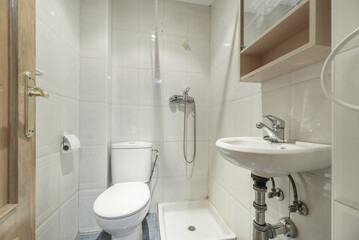 A simple toilet with a small shower tray, white porcelain toilets