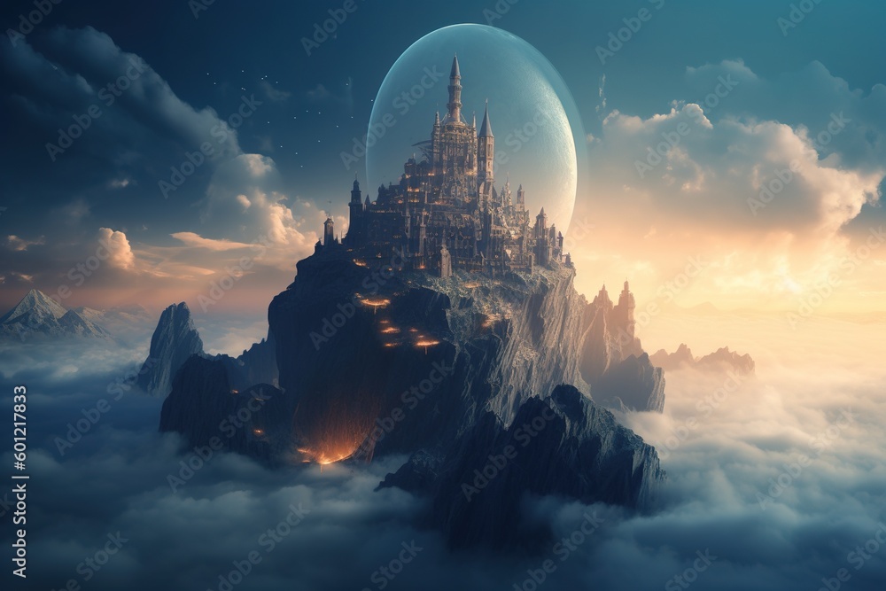 Poster a fortress built high in the air and encircled by clouds generative ai
