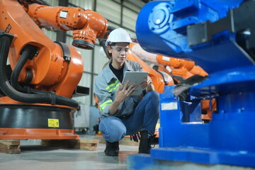 Robotic Arm engineer check on equipment in its with software of an Artificial Intelligence, .Female industrial engineer working at automated AI robotic production factory..