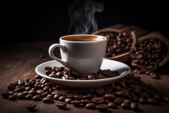 aroma mug cup brown breakfast cafe espresso drink morning bean. Generative AI. © SHOTPRIME STUDIO