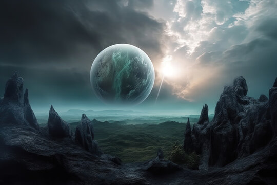 3d rendered Space Art: Alien Planet - A Fantasy Landscape with blue skies and stars