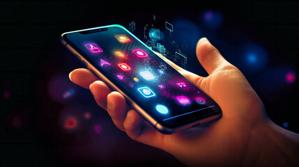A hand holding the mobile device with technology icons