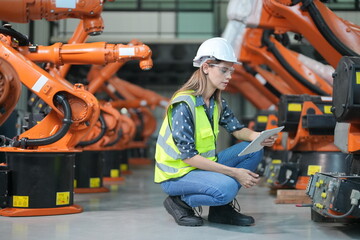 Mechanical engineers with robotic welder., Programming development technology work. Female...