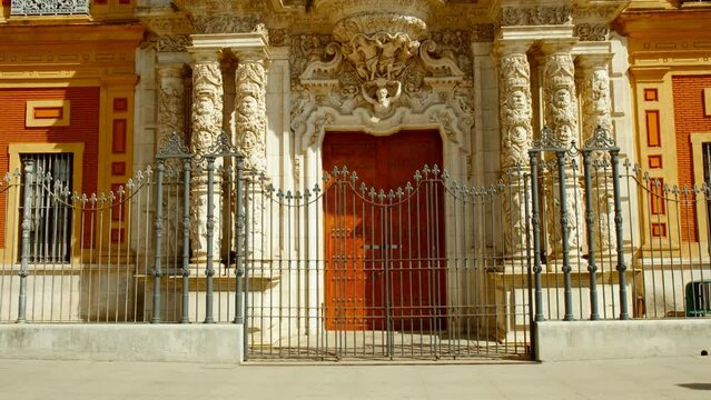 The Palacio de San Telmo, Seville, Andalusia, Spain, a baroque palace with intricate facade, former royal residence, now houses regional government