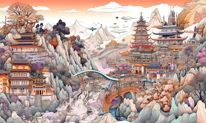 Pen and ink illustration of a Chinese village in traditional Chinese style. Generative AI.