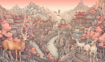 Generative AI. Pen and ink illustration of a palace with deer in traditional Chinese style.