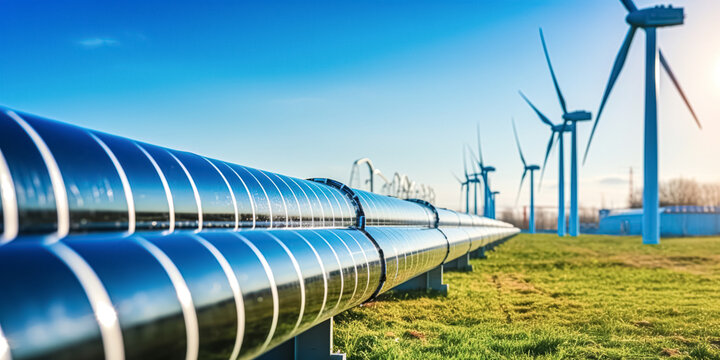 A hydrogen pipeline with wind turbines and in the background. Green hydrogen production concept