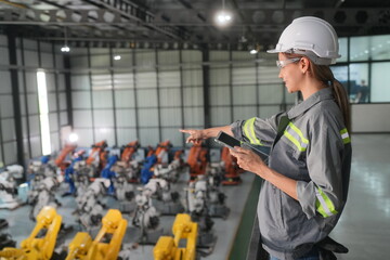 Robotic Arm engineer check on equipment in its with software of an Artificial Intelligence, Programming development technology work.