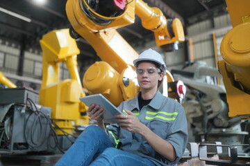 Robotic Arm engineer check on equipment in its with software of an Artificial Intelligence, Programming development technology work.