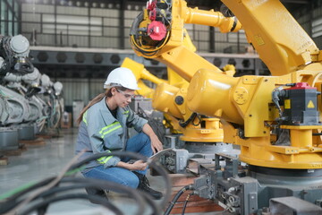 Robotic Arm engineer check on equipment in its with software of an Artificial Intelligence, Programming development technology work.