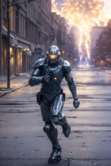 A futuristic cyborg robot with metal armor running away from an explosion in an empty city street. Generative AI.