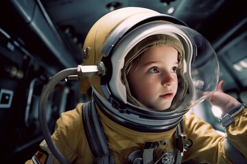A young adventurer dons her astronaut suit and steps into the space station. Ai generated.