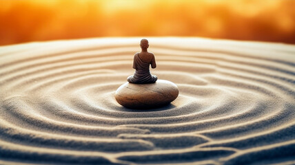 Fototapeta na wymiar A sculpture with pebbles in a calm lake and a small meditating zen buddha figure. Ai generated.