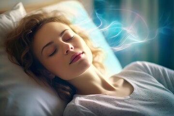 Young woman sleeps peacefully while dreaming. Ai generated.