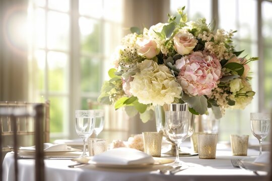 Detail of the beautiful decoration of the centerpieces of a wedding, with floral touches, in a bright restaurant. Ai generated.