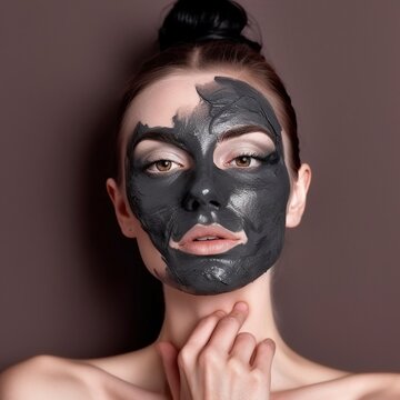 Young model applies a black, charcoal mask to her face to enhance her appearance. Ai generated.