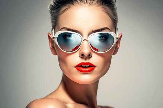 Portrait of a young pretty model wearing funny trendy trend sunglasses. AI generated.