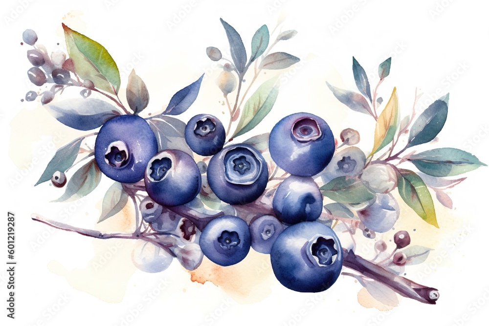 Poster a picture of several blueberries growing on a branch with some leaves generative ai