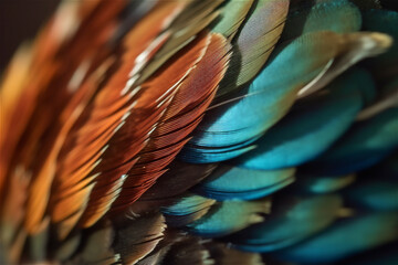 Colorful feathers, macro feathers background texture. AI generated content