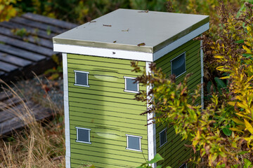 A tall wooden beehive green and white colored painted like a house sit among evergreen trees on a...